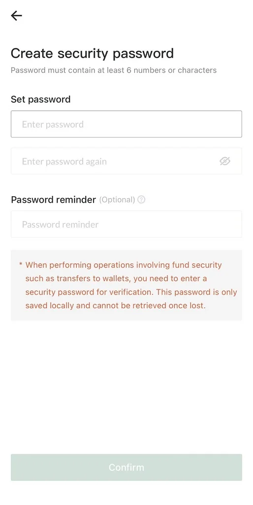 Tạo mật khẩu HTX wallet mạnh và nhập 3 lần